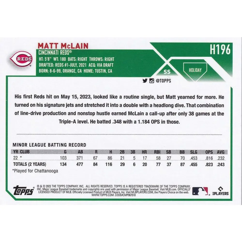 2023 Topps Holiday Matt McLain RC H196 Cincinnati Reds